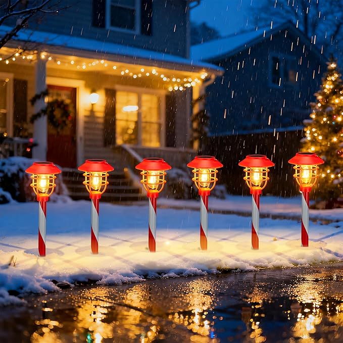 6PK Christmas Solar Pathway Lights - Christmas Decorations Outdoor Solar LED Lights with Garden Stake, Decorations Outdoor for Yard Garden Lawn Walkway Patio Driveway Decor, Warm White