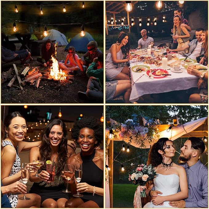 Fule Solar String Lights,S14 LED Outdoor String Light 48FT Heavy Duty,15 Hanging Sockets,1W Plastic Vantage Bulbs,Create Ambiance for Backyard Party Decoration/Cafe/Garden/Patio