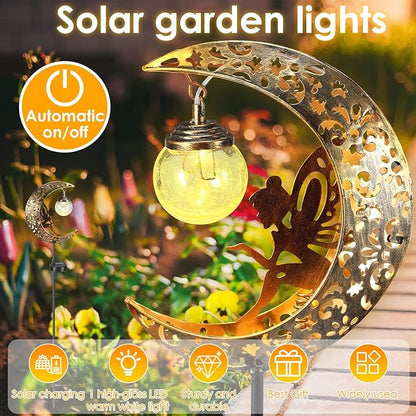 Solar Garden Lights Outdoor Decor, Moon Fairy Crackle Glass Stake Lights, Waterproof LED Metal Decorative Lights Outdoor Pathway Lights Solar Powered Garden Decorations Unique Gift Ideas for Gardening
