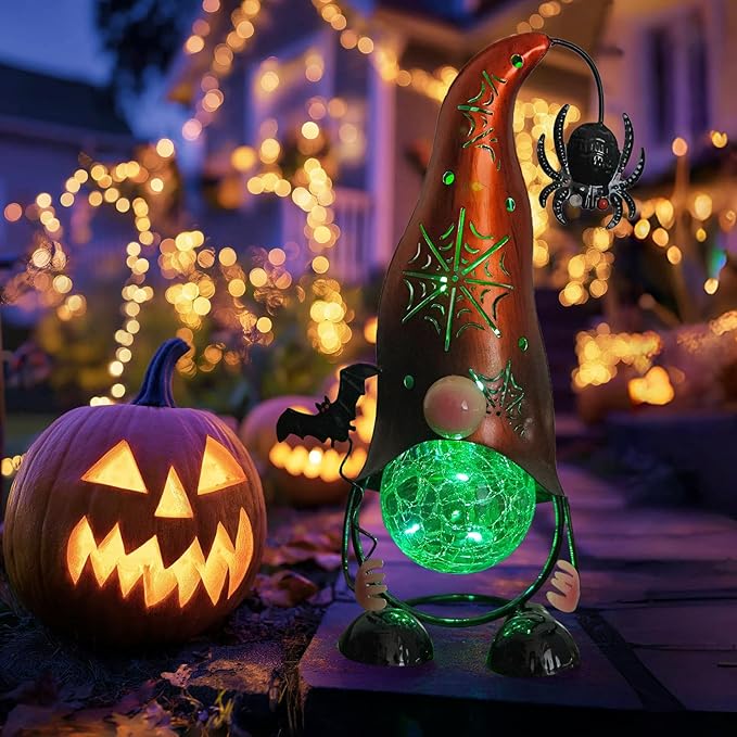 Halloween Decorations Outdoor Gnome Solar Lights, Color Changing LED Lights with Spider Web Hollowed-Out Hat | Lumora
