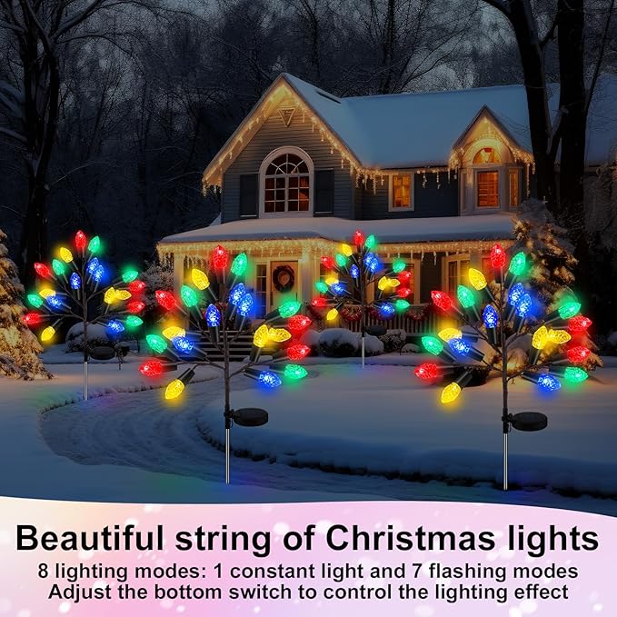 4 Pcs Christmas Solar Pathway Lights Outdoor Decorations 28" Christmas Stake Lamp Yard Waterproof 8 Modes 20 LED Pine Cones Tree for Walkway Path Garden Patio Decor