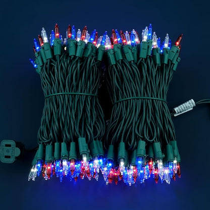 200 Red, White & Blue Christmas Lights, Pack of 2 Strands 100 Count 33 ft Green Wire Incandescent-Style LED String Light (Red, White & Blue)