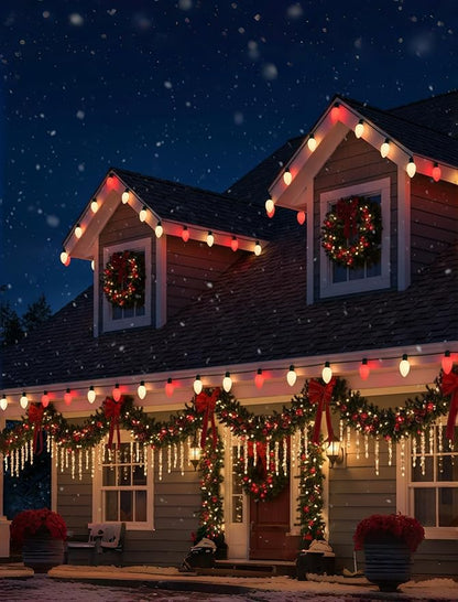 25Ft Red and White Christmas Lights,C7 Christmas String Lights with 27 Red White Ceramic Bulbs(2 Spare), Vintage Incandescent Xmas Lights for Outdoor Holiday Xmas Roofline Wedding Party