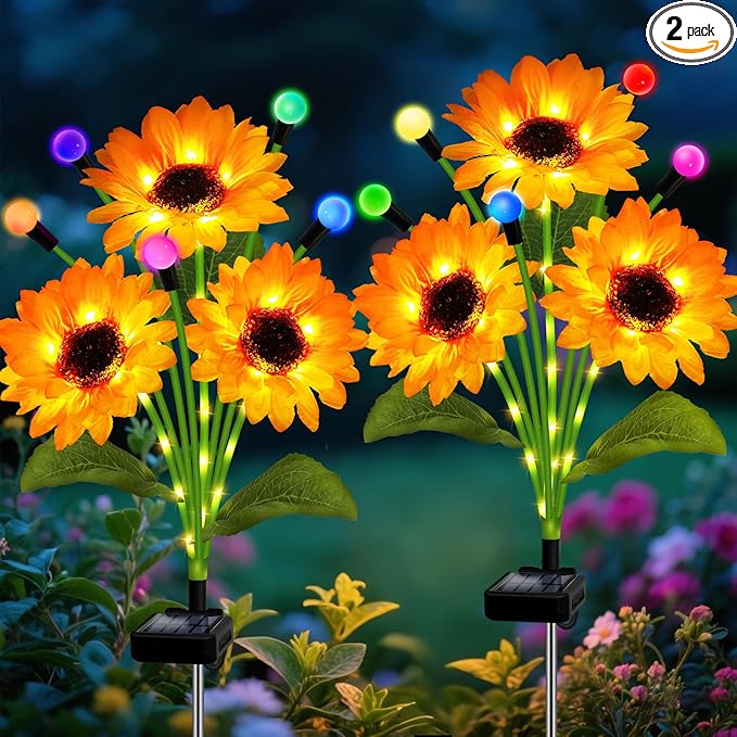 Solar Garden Lights-2 Pack Solar Sunflowers with Multicolor Changing Swaying Firefly Lights,Gifts for Mom Women Mothers Day Birthday,Waterproof Firefly Sunflower Light for Outdoor Patio Yard Decor