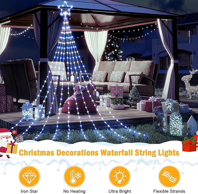 Christmas Decorations Star String Lights - 344 LED 11.8ft 9 Strands Waterfall Tree Lights with Topper Star, 8 Lighting Modes Indoor Outdoor Decorative Lights for Wedding Yard Party Home, Blue & White