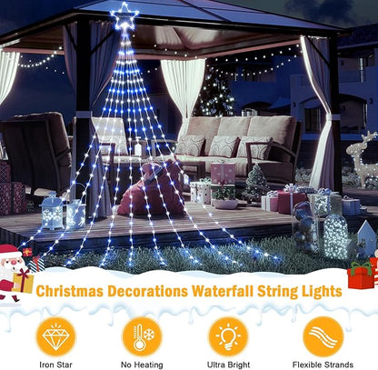 Christmas Decorations Star String Lights - 344 LED 11.8ft 9 Strands Waterfall Tree Lights with Topper Star, 8 Lighting Modes Indoor Outdoor Decorative Lights for Wedding Yard Party Home, Blue & White