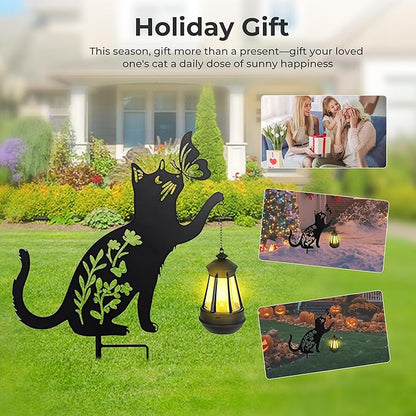 Cat Solar Lights Outdoor Garden, 2 pcs Lantern Stakes Decorative Black Ornament with Butterfly,Metal Garden Decor Art for Outside Lawn Yard Patio, Cat Yard Art Gifts for Halloween,Christmas