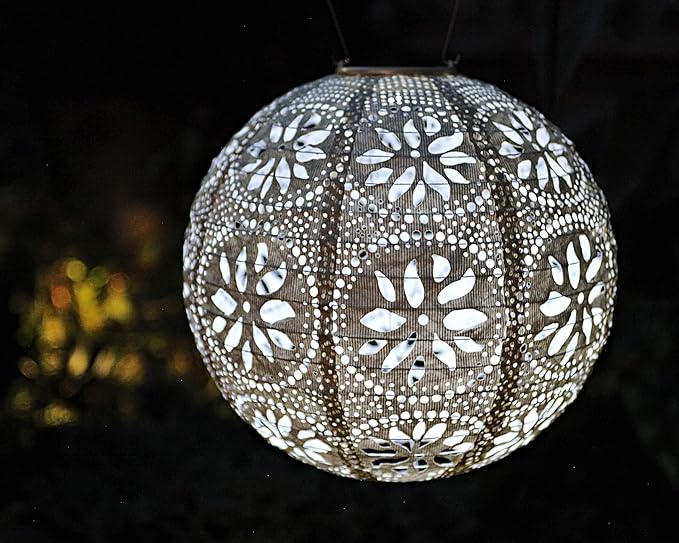 Soji Stella Market, LED Outdoor Solar Lantern, Handmade with Weather-Resistant UV Rated Tyvek, Stainless Steel Hardware, Auto sensor on/off, for Patio, Deck, (Pearl)