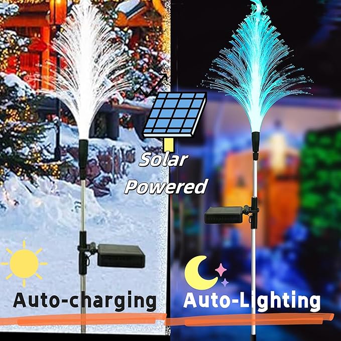 Solar Christmas Tree Pathway Lights-Outdoor Garden Waterproof 7 Color Changing 3Pcs Fiber Optic Jellyfish Lighting Decor for Garden Lawn Patio