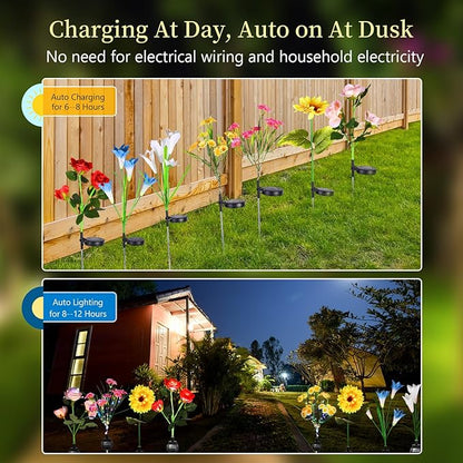 Crowye 8 Pcs Solar Flower Lights 4 Styles Led Solar Rose Lily Sunflower Daisy Garden Flowers Lights Waterproof Solar Outdoor Lights for Yard Patio Lawn Pathway Walkway Garden Halloween Decoration