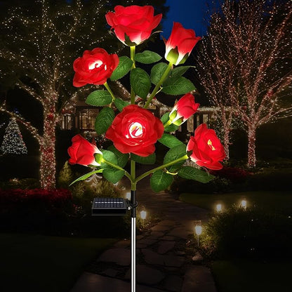 DWH 1 Pack Solar Garden Lights Outdoor, 7-Flower Rose Solar Lights for Yard, LED Solar Powered Stake Lights for Patio Pathway Lawn Fence Cemetery, Red