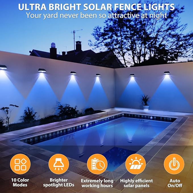 Solar Fence Lights,Warm White & Cool White & RGB 7Colors ＆ Color Changing Mode IP65 Waterproof Solar Lights Outdoor for Deck/Patio/Backyard/Wall/Pool/Fence/Railing/Step(20Pack)
