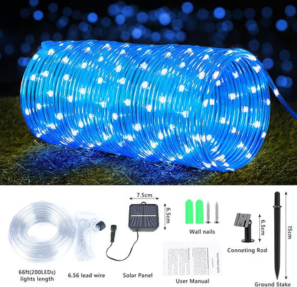 Solar Rope Lights, 2 Packs Total 132ft 400LED Solar String Lights, 8 Modes Waterproof Solar Powered Outdoor Light, Flexible Clear Tube Light for Garden Backyard Patio Deck Porch Tree Xmas Decor - Blue