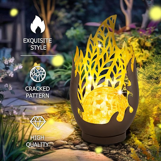 Huaxu Solar Lights Outdoor Decor Waterproof Metal Cracked Glass Globe with Copper Flame Effect, Table Decorations LED Lamp Gift for Garden Lovers Mom Women Patio Lawn Yard Pathway Outside