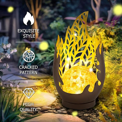 Huaxu Solar Lights Outdoor Decor Waterproof Metal Cracked Glass Globe with Copper Flame Effect, Table Decorations LED Lamp Gift for Garden Lovers Mom Women Patio Lawn Yard Pathway Outside