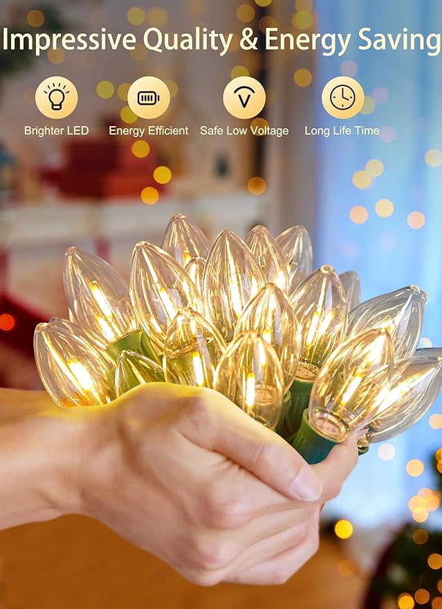 Vintage C9 Christmas Lights Outdoor, 100 Feet 100 LED C9 Christmas Decorations, Connectable Waterproof String Lights for Holiday Party Roofline Backyard Garden Patio, E17 Base, Warm White