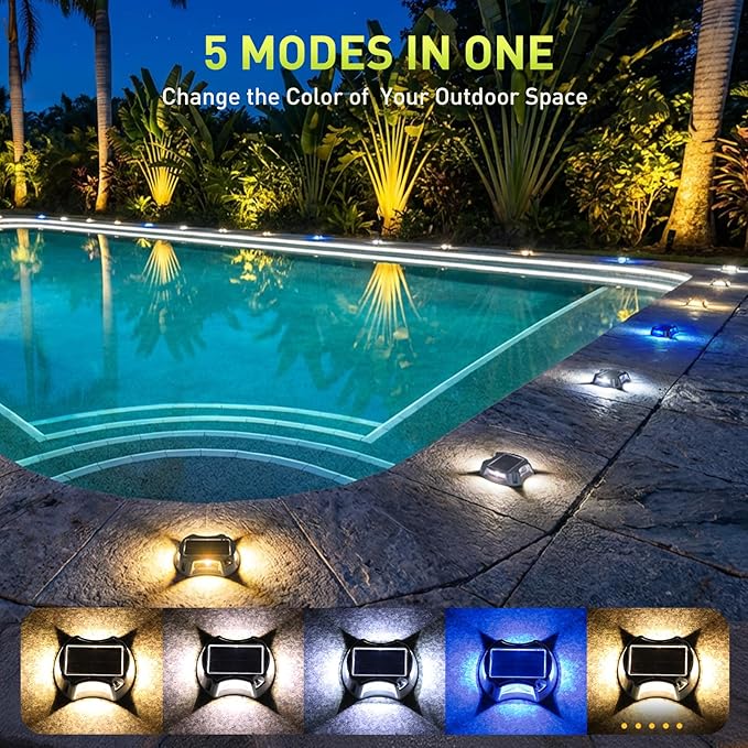 AGPTEK 5 In 1 Solar Driveway Lights Outdoor with Ground Spikes, IP67 Waterproof Solar Lights with 5 Modes (Blue/White/Warm/Mixed/Flashing) for Deck, Stairs, Pathway, Garden, Patio(Rectangle, 12 Pack)