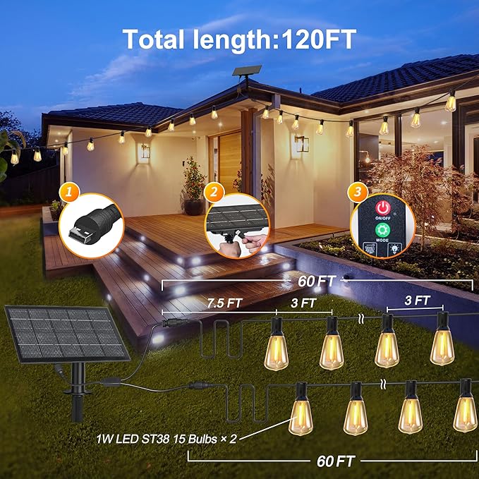 120FT Solar String Lights Outdoor Waterproof with Remote Control Solar Patio Lights 30+2 shatterproof LED ST38 | Lumora