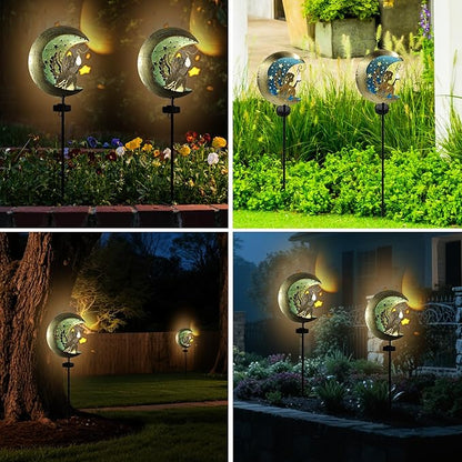 Solar Peacock + Moon Angel Garden Stake Lights Outdoor, Waterproof Metal Glass Decorative Landscape Path Lights with Stake Easy Install for Pathway Patio Lawn Yard
