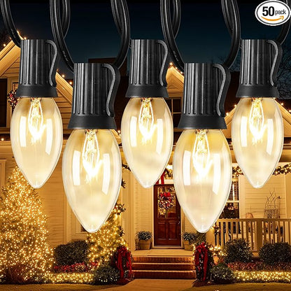 C9 Clear Christmas String Light, 50 Ft Vintage Christmas Tree Lights, Outdoor Waterproof Roofline String Lights with 50 Clear Bulbs for Patio Garden Holiday Indoor Wedding Home Decoration, Black Wire