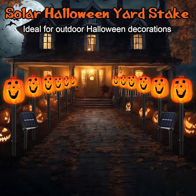 12 Pack Halloween Pumpkin Pathway Solar Lights, Orange Yard Stake Pumpkin Shaped Pathway Lights Outdoor Waterproof | Lumora