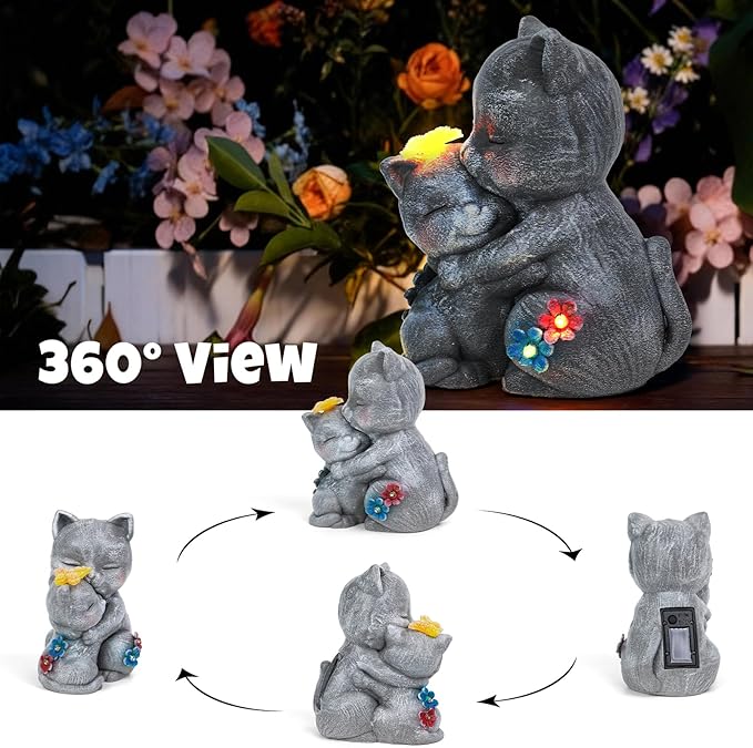 Solar Garden Statue Light, 8inch Cute Cats with Flowers Outdoor Deco for Patio, Lawn, Yard, Housewarming Birthday Gifts for Cat Lovers, Mom,Grandma,Women (Grey Cat)