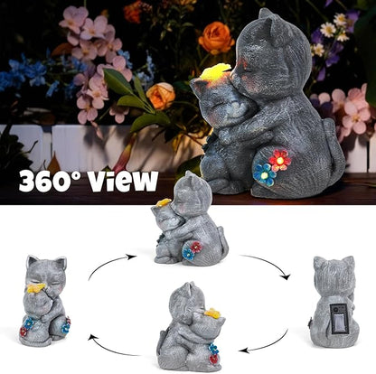 Solar Garden Statue Light, 8inch Cute Cats with Flowers Outdoor Deco for Patio, Lawn, Yard, Housewarming Birthday Gifts for Cat Lovers, Mom,Grandma,Women (Grey Cat)