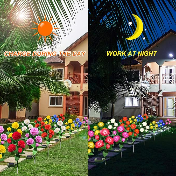Solar Flower Lights Outdoor - Upgraded New Material Two Modes Realistic LED Solar Powered Waterproof Lights with 5 | Lumora