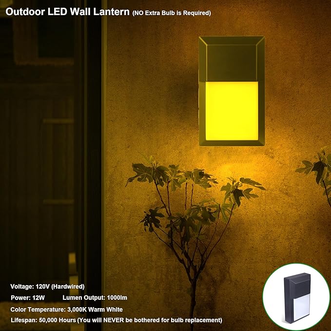 LIT-PaTH Outdoor LED Wall Lantern, Wall Sconce Lights Porch Lighting Fixture, 12W 1000 Lumens, Aluminum Housing Plus PC, 3000K Black Finish, 1-Pack
