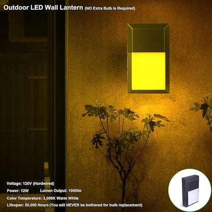 LIT-PaTH Outdoor LED Wall Lantern, Wall Sconce Lights Porch Lighting Fixture, 12W 1000 Lumens, Aluminum Housing Plus PC, 3000K Black Finish, 1-Pack