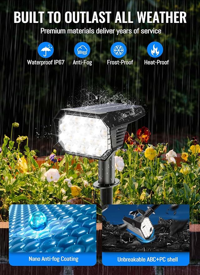 Brightown Solar Lights Outdoor Waterproof IP67, [Cool & Warm Light 2-in-1] Solar Spot Lights Outdoor, 2 Colors 3 Brightness Levels LED Outdoor Solar Lights for Yard Pathway Garden House, 8 Pack