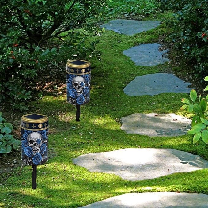 HUGS IDEA Gothic Skull Solar Grave Lights Blue Rose Solar Lights Outdoor Garden Stake Dark Elegance ABS Decor Waterproof Garden Lanterns for Yard Patios