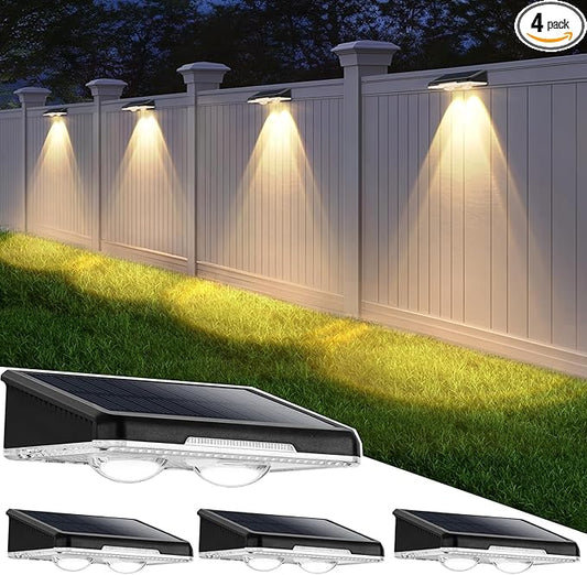 Solar Lights Outdoor Waterproof 4-Pack, Backyard LED Fence Lighting Outside Solar Powered with 3 Modes (3000K/4500K/6500K) for Deck, Step, Stairs, Balcony, Yard, Patio, Walkway, Pathway, Railing