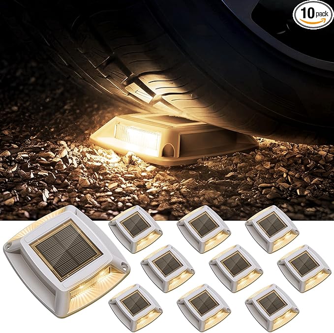 Solar Driveway Lights 10 Pack, Solar Powered IP68 Waterproof Dock Lights, 4 LED Driveway Markers Deck Light for Dock, Pathway, Walkway, Sidewalk, Garden, Yard, Stair, Marine Use (Warm)