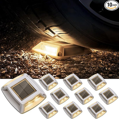 Solar Driveway Lights 10 Pack, Solar Powered IP68 Waterproof Dock Lights, 4 LED Driveway Markers Deck Light for Dock, Pathway, Walkway, Sidewalk, Garden, Yard, Stair, Marine Use (Warm)