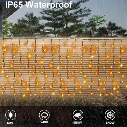 DBFAIRY Solar Curtain Lights,19.6ft x 3.3ft 300 LED Outdoor Christmas Solar Curtain Lights Waterproof Green Wire with 8 Mode for Garden Handrail Railing Eaves Wall Decoration -Warm White