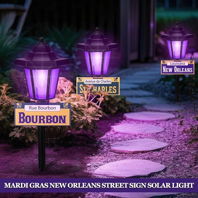 VIHOSE 4 Pcs Solar Mardi Gras Pathway Light Outdoor New Orleans Street Sign Waterproof Purple Solar Stake Light Mardi Gras Lamp Yard Sign for Garden Outside Porch Supplies New Orleans Decorations