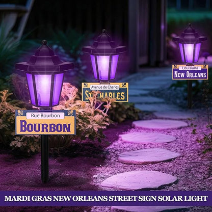 VIHOSE 4 Pcs Solar Mardi Gras Pathway Light Outdoor New Orleans Street Sign Waterproof Purple Solar Stake Light Mardi Gras Lamp Yard Sign for Garden Outside Porch Supplies New Orleans Decorations