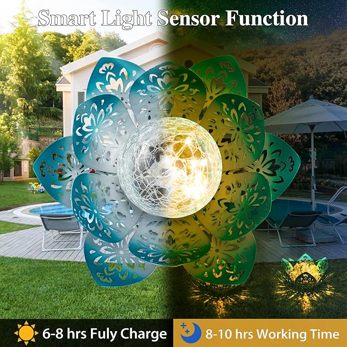 Huaxu Solar Lights Outdoor Decorative - Bright Blue Lotus Flower Table Lamp, Glass Globe 30 LED Waterproof Metal | Lumora