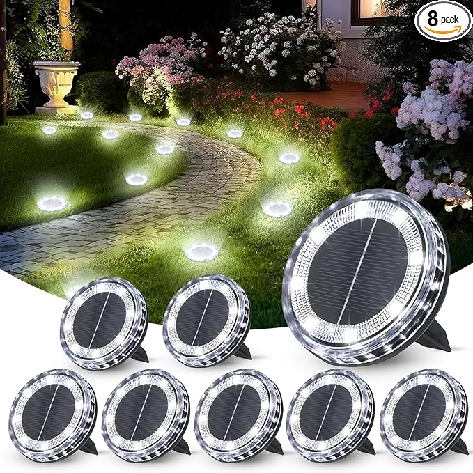 8 Pack Solar Ground Lights Outdoor Waterproof, 8 LED Solar Disc Lights, IP65 Waterproof Long Lasting Flat Light for Garden Pathway Walkway (Cool White)