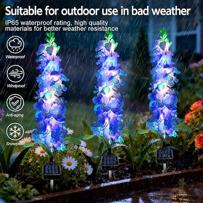 Solar Garden Lights, Solar Blue Delphinium Flowers Lights 4 Pack 80 LEDs, Waterproof Outdoor Light Two Lighting Modes for Outside Wedding Party Garden Yard Patio Lawn Decor