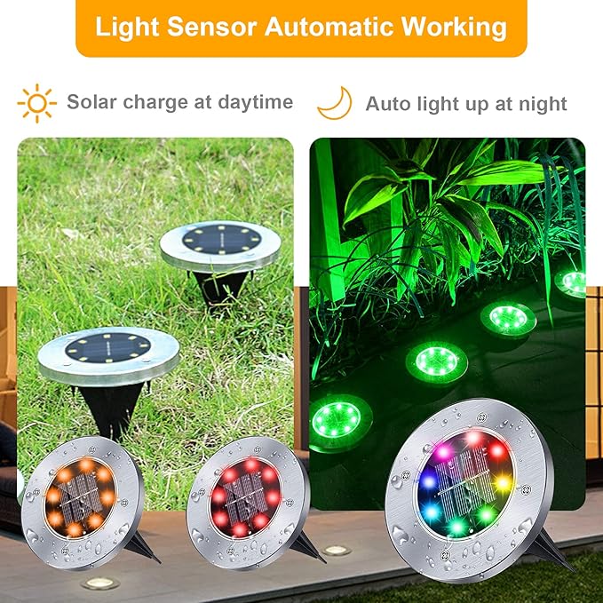 Solar Ground Lights,Multi-Color Auto-Changing 8LED Waterproof Solar Powered Lights In-Ground Outdoor Landscape | Lumora