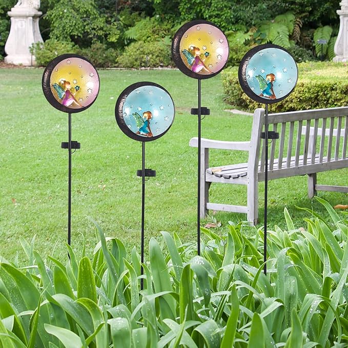 Adeco 4 Packs 35 inch Angel Solar Lights with Metal Stake for Outdoor Decor Metal Lights with LED Lights Sets Waterproof Garden Sculpture for Yard Patio