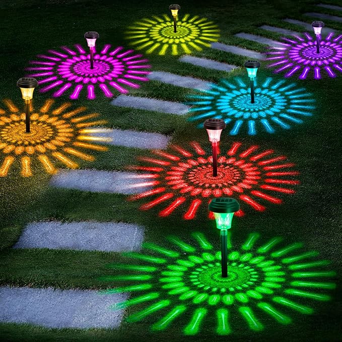 ROOR Solar Pathway Lights 2 Pack, Outdoor Solar Yard Lights, RGB Color Changing+Warm White, IP67 Waterproof LED Solar Lights for Garden Path Backyard Christmas Lawn Landscape Decorative