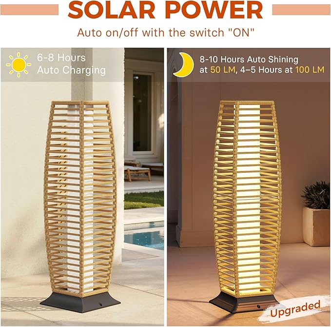 Grand patio 2-Piece Outdoor Floor Lamp Solar Lantern, Water-Resistant Wicker Boho Patio Light with 50/100 Lumens Dual Brightness & Memory Mode for Garden Porch Deck Decor, Large Crossover Natural