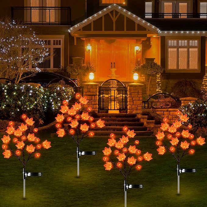 2 Pack Thanksgiving Decorations Lights Fall Decor Solar Lights Outdoor with 3D Maple Pumpkin, 8 Modes Fall Thanksgiving Lights Outdoor Solar Lights Waterproof for Yard Decor