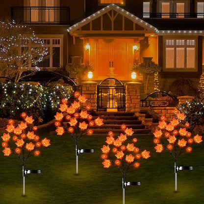 2 Pack Thanksgiving Decorations Lights Fall Decor Solar Lights Outdoor with 3D Maple Pumpkin, 8 Modes Fall Thanksgiving Lights Outdoor Solar Lights Waterproof for Yard Decor