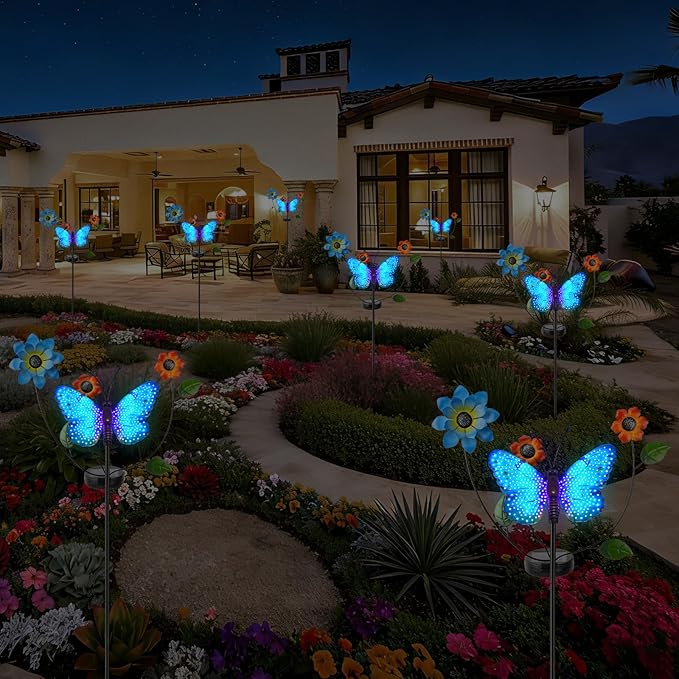 Solar Butterfly Garden Lights, 2 Lighting Modes, Colorful LED with Flower & Butterfly Decor, Waterproof Solar Stake Lights for Garden Yard Patio Lawn Pathway (Blue)