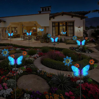 Solar Butterfly Garden Lights, 2 Lighting Modes, Colorful LED with Flower & Butterfly Decor, Waterproof Solar Stake Lights for Garden Yard Patio Lawn Pathway (Blue)