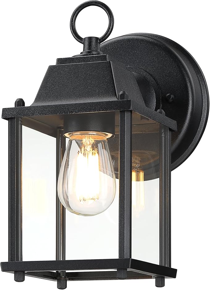 LIT-PaTH Outdoor Wall Lantern, Wall Sconce as Porch Lighting Fixture, E26 Base, Aluminum Housing Plus Glass, Water-Proof and Outdoor Rated, ETL Qualified, 1-Pack, Black